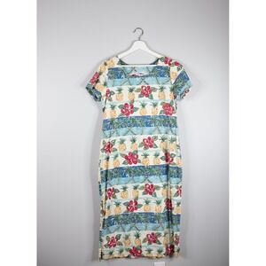 Reyn Spooner Dress Womens M Blue Tropical Pineapple Palm Tree Cotton Vintage